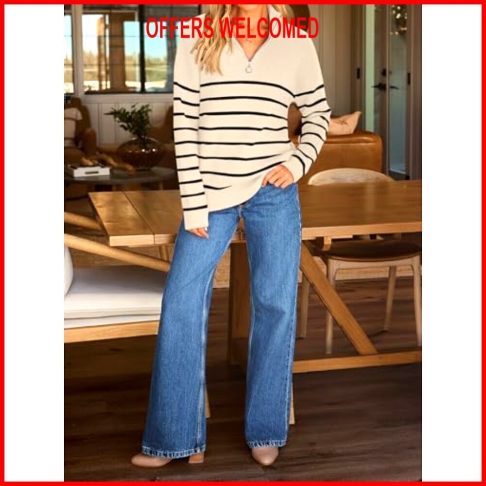 Quarter Zip Striped Oversized Sweater Mock Turtleneck Pullover - Picture 6 of 7